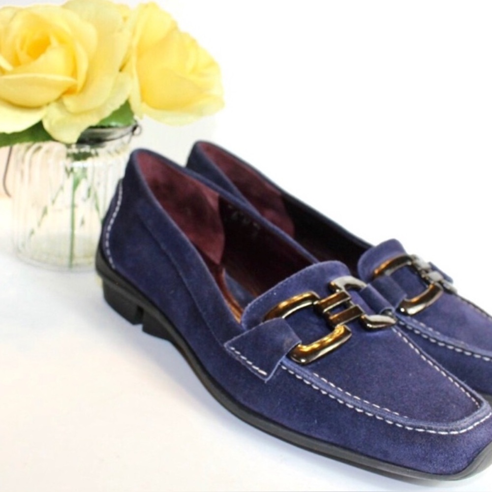 Via Spiga Women’s Blue Suede Loafers Size 6 – Slip On Flats Gold Buckle Detail